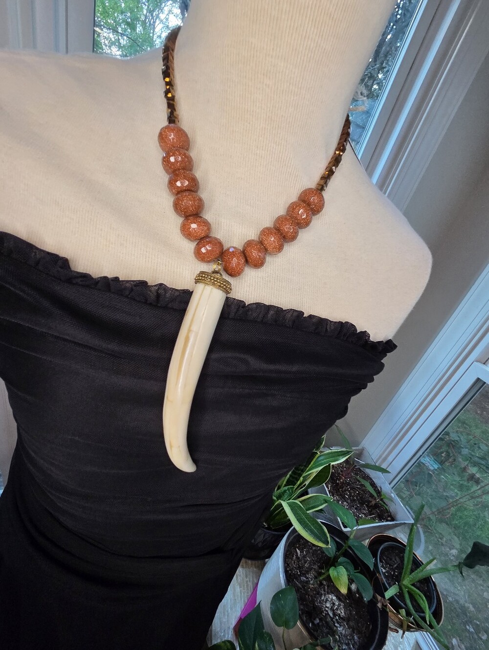 🥇Handcrafted Goldstone & Cream Horn Statement Necklace - Only 1 Made!🥇